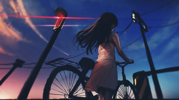 Wallpaper Anime, Bicycle, Twilight, Background, Girl, Sky, Blue