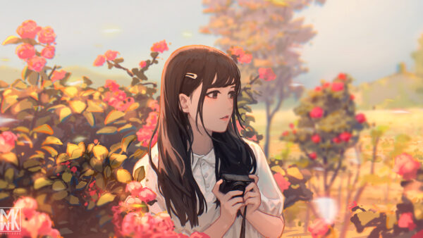 Wallpaper Standing, Girl, With, Anime, Background, Camera, Plants, Flowers