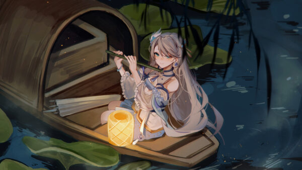 Wallpaper With, Anime, Blue, Eyes, Flute, Girl, Sitting, Boat