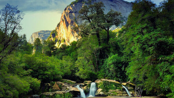 Wallpaper Mountains, Waterfalls, During, Plants, Trees, Rocks, Stones, Daytime, Bushes, Nature, Green