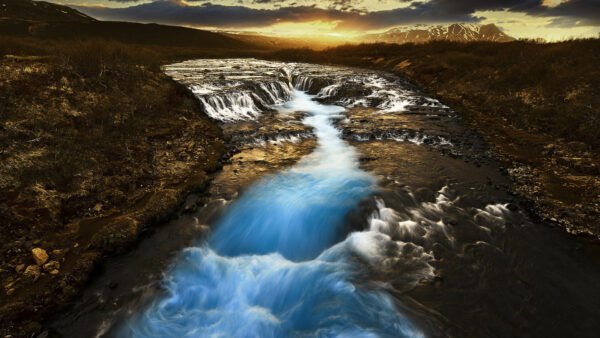 Wallpaper Mountains, Water, During, Sunset, Aerial, View, Nature, Waterfalls, Stream, Rocks