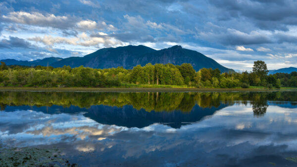 Wallpaper Trees, Clouds, White, Under, Green, And, Nature, Sky, Mountains, Bushes, Blue, View, Reflection, Landscape, Rock, Water