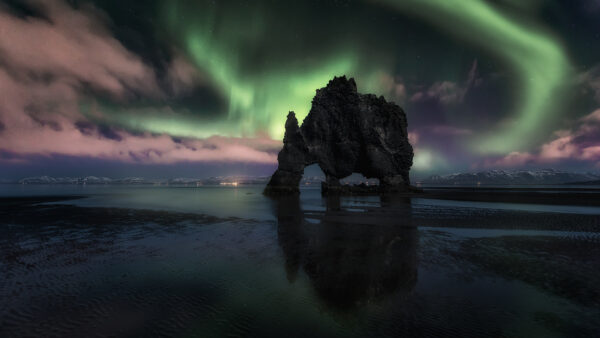 Wallpaper Hvitserkur, Nature, Aurora, Night, Borealis