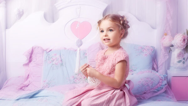 Wallpaper Cute, Little, Light, Pink, Sitting, Wearing, Dress, Girl, Bed