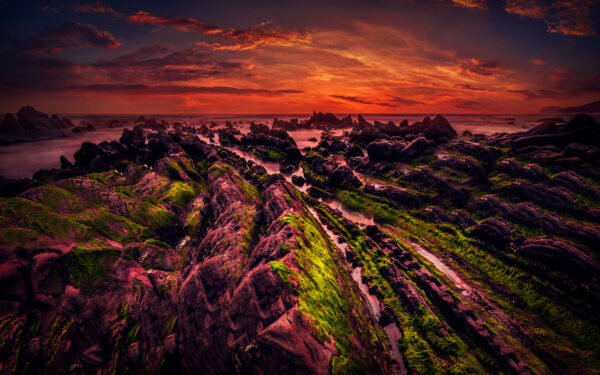 Wallpaper Shore, Rocky, Sunset