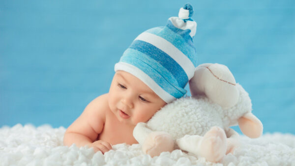 Wallpaper Wearing, Cap, Aside, Baby, Cloth, Bunny, Down, And, White, Background, Blue, Cute, Beautiful, Desktop, Lying, With