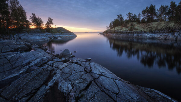 Wallpaper During, Nature, Lake, Rock, Between, Desktop, Stone, Sunrise, Ladoga