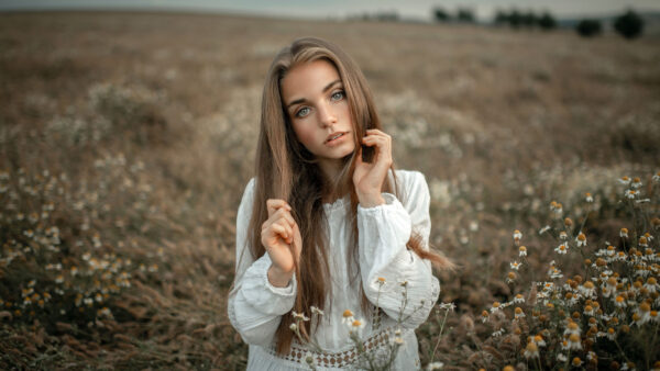 Wallpaper And, Girl, Background, Model, Field, Hair, Desktop, With, Brown, Dress, White