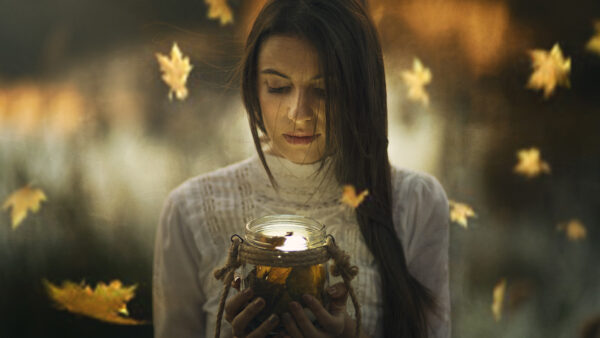 Wallpaper Down, Model, White, Dress, Looking, Girl, Desktop, Leaves, Fall, Background, Bottle, With, Wearing, Holding, Dry, Rope