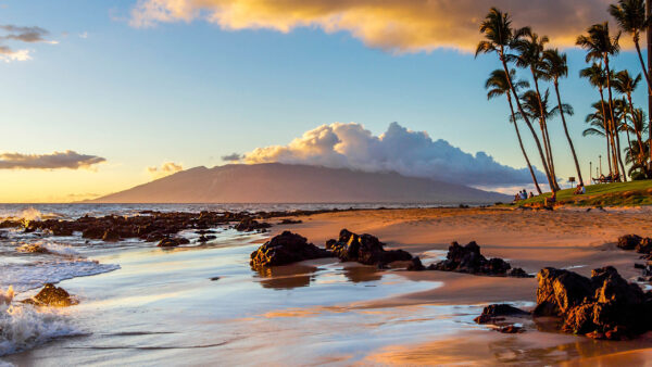 Wallpaper Sky, Stones, White, Clouds, Beach, Mountain, View, Waves, Sand, Nature, Palm, Landscape, Trees, Ocean, Blue