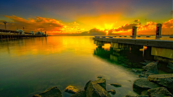 Wallpaper During, Sky, Water, Under, Black, Body, Clouds, Sunset, Stones, Yellow, Pier, Nature