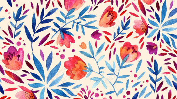 Wallpaper Colorful, Flowers, Floral, Blue, Watercolor, Leaves