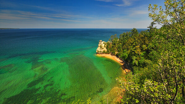 Wallpaper Sky, Daytime, Aerial, Green, Body, Water, Nature, Under, Trees, Coast, Blue, Calm, Ocean, View, During