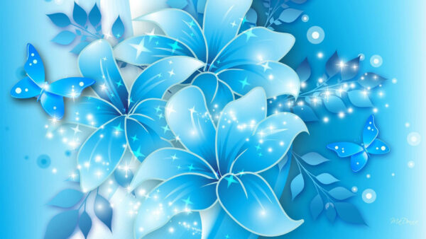 Wallpaper Blue, Glitter, Flowers, Light, Butterfly