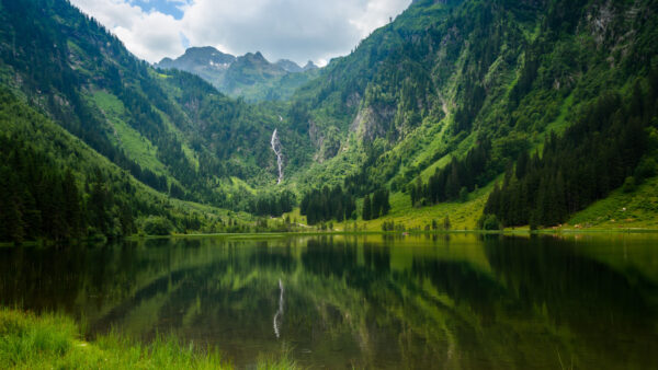 Wallpaper Lake, Bushes, Mountains, Field, Nature, Grass, Green, View, Landscape, Trees, Reflection, Waterfall