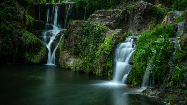 Wallpaper Stream, Green, Waterfall, River, Between, Pouring, Nature, Rock, Plants, Covered