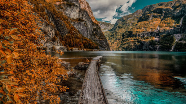 Wallpaper And, Body, Between, Yellow, Wooden, Bridge, Water, Trees, Nature, With, Landscape, Leafed, Mountains