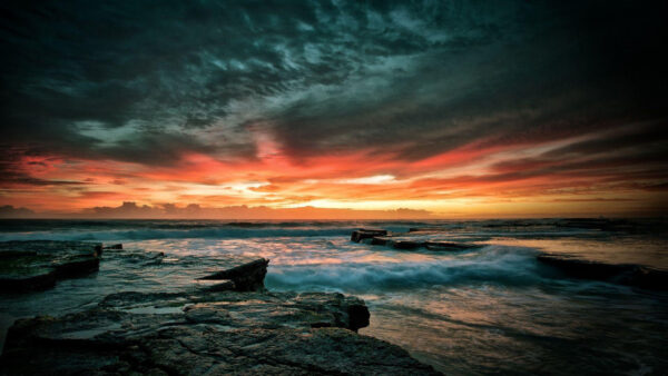 Wallpaper Cloudy, Under, Sea, Sunset, Sky, Desktop, During, With, Rocks, Evening