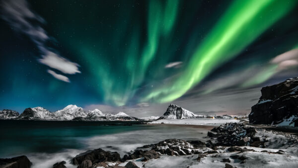 Wallpaper Desktop, Aurora, Mountains, Borealis, River, Starry, Covered, Nature, Sky, Beautiful, Snow, Mobile