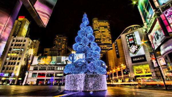 Wallpaper Christmas, Buildings, Lightning, Surrounded, The, Middle, Blue, Tree, Road