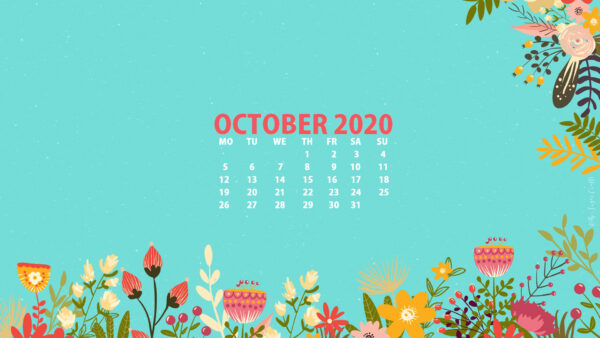 Wallpaper Light, Colorful, Leaves, October, Calendar, Background, With, Flowers, Aquamarine, Desktop