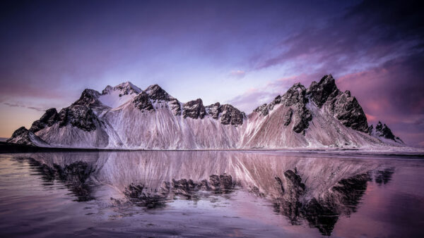 Wallpaper Nature, Covered, Reflection, Sand, Landscape, View, Beach, Mountains, Black, Snow