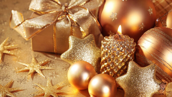 Wallpaper Balls, Candle, Stars, Box, Golden, Decorations, Gift, Christmas