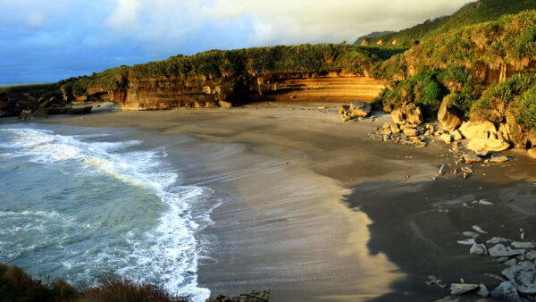 Wallpaper Bushes, Trees, Coast, Sand, Foam, Waves, Stones, Beach, Sea, Nature, Rocks, Mobile, Ocean, Desktop