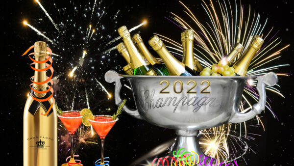 Wallpaper Champagne, Fireworks, Background, Black, Glasses, 2022, Bottles