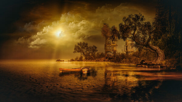 Wallpaper Desktop, Sunset, Artistic, Landscape, Sailboat, Trees, Lake, Nature, Mobile