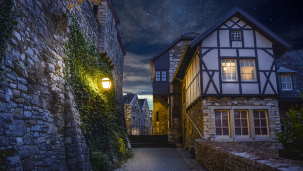 Wallpaper Sky, Nighttime, Starry, Nature, With, Lights, Under, Houses, During, Beautiful