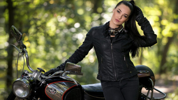Wallpaper Jacket, Beautiful, Leather, With, Hair, Near, And, Ponytail, Model, Black, Motorcycle, Pannonia, Girl, Standing