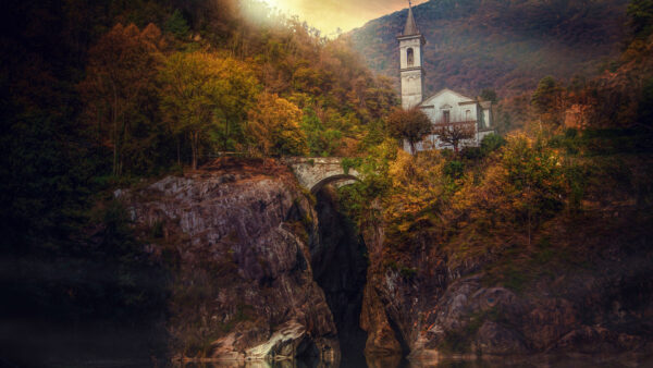 Wallpaper Bridge, Fall, Rock, Travel, Italy, Desktop, River, Forest, Church, Piedmonte