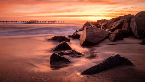 Wallpaper Desktop, Stream, Landscape, Sand, During, Ocean, Beach, View, Mobile, Rocks, Sunset, Waves, Pier, Coast