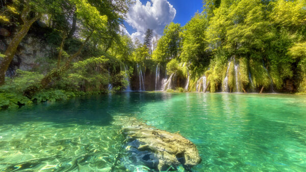 Wallpaper Green, Landscape, Surrounded, Pouring, White, Sky, Under, Waterfalls, View, Trees, Nature, River, Clouds, Blue