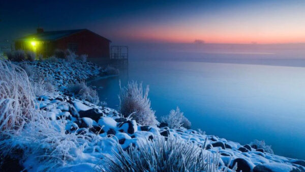 Wallpaper Lights, Under, River, Blue, Sky, Fog, Stones, Nature, Plants, Covered, Snow, Green