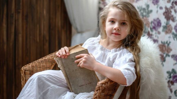 Wallpaper Sitting, Girl, Dress, Little, Cute, Wearing, Chair, White, Book, With