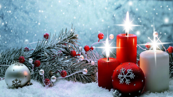 Wallpaper Balls, Red, Christmas, Blur, Background, Silver, Bokeh, Candles, White