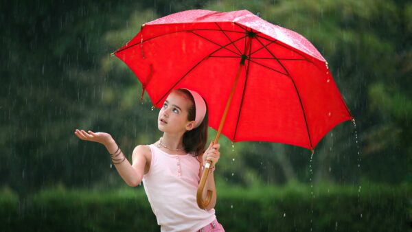 Wallpaper Pink, Light, Mobile, Standing, Background, Rain, Little, Umbrella, Cute, Girl, Wearing, Under, Falling, Red, Dress, Desktop