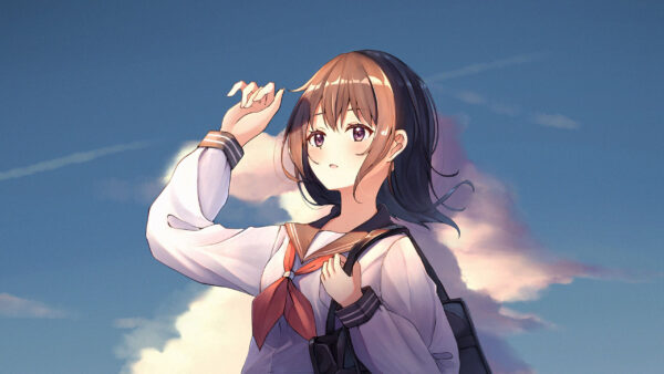 Wallpaper School, Sky, Standing, Background, Clouds, With, Uniform, Blue, Girl, Anime