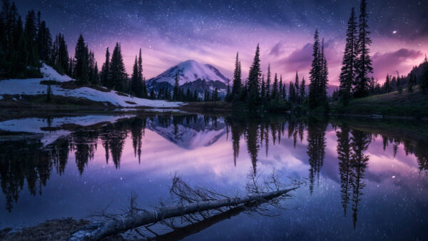 Wallpaper Beautiful, River, Snow, Trees, Nature, Reflection, Covered, Sky, Spruce, Starry, Under, Scenery, Mountain