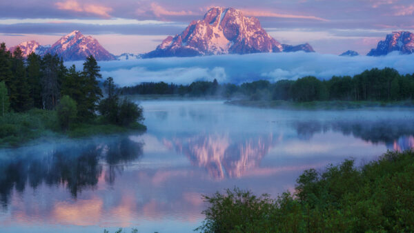 Wallpaper Foggy, River, Forest, Covered, Nature, Snow, View, Mountain, Landscape, Reflection