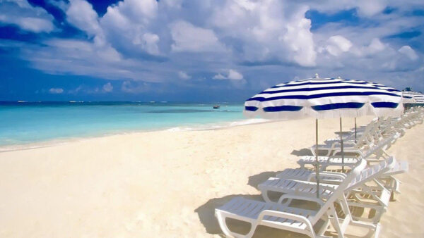 Wallpaper Lounge, Lounges, Under, White, Sand, Sea, Umbrella, Blue