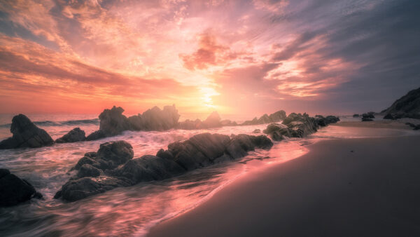 Wallpaper During, Sand, Stones, Beach, Sky, Waves, Black, Rocks, Under, Ocean, Sunset, Clouds, Nature, Blue