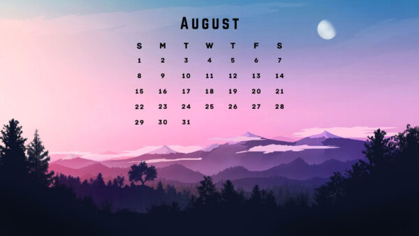 Wallpaper Sky, Calender, Background, August, Moon, Blue, Pink