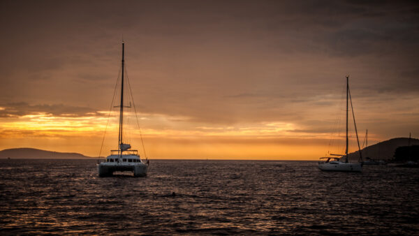 Wallpaper Sunset, Water, Silhouette, Background, Nature, Boat, Waves, Ocean, Sail, Mountains