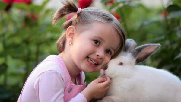 Wallpaper Giving, Desktop, Dress, Baby, Cute, Wearing, Mobile, Rabbit, Girl, Pose, Smiley, And, Having, Photo, Hand, Pink