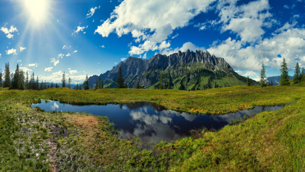 Wallpaper Reflection, Cloudy, Sky, Pond, Under, Desktop, Nature, Mobile, Mountain, With, Sunbeam, Blue