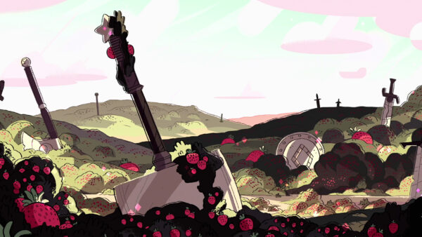 Wallpaper Pink, Swords, Ground, Fruits, With, Steven, Sky, Clouds, Movies, Strawberry, Universe, Stabbing, Background, Desktop, Plants