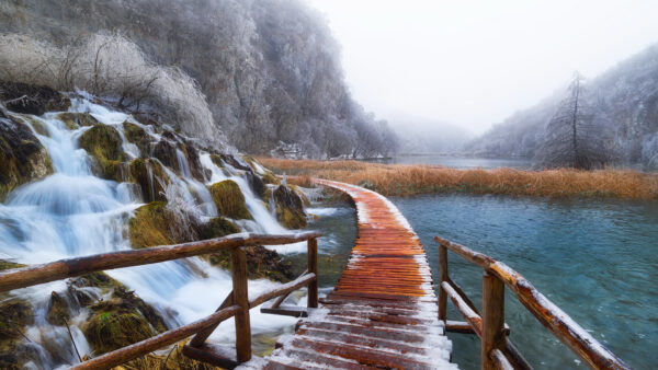 Wallpaper And, During, Desktop, With, Waterfall, Winter, Wooden, Nature, Trees, Path, Fog